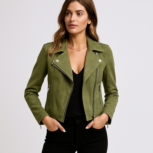 Sophie Suede Biker Jacket | Women’s Autumn Leather Look with Authentic Details